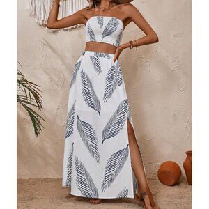 Boho White Tropical Print Tube Top & Split Thigh Skirt*